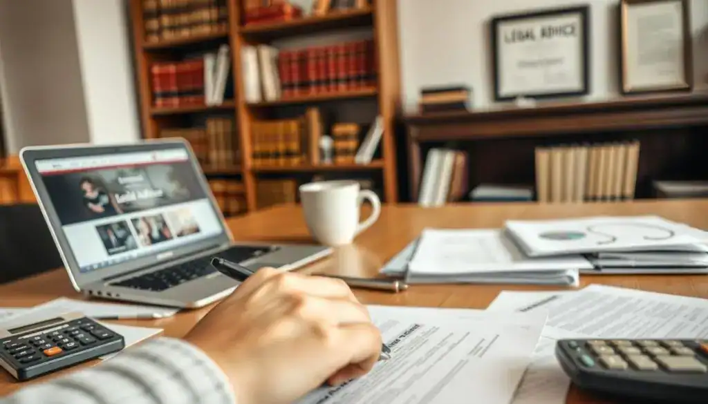A close-up view of a desk filled with essential legal documents related to claims, featuring neatly arranged papers, a pen, and a calculator. In the foreground, there's a hand filling out a claim form, showcasing concentration and diligence. The middle section displays a laptop open to a legal advice website, while a coffee cup sits nearby, suggesting a workspace ambiance. In the background, slightly blurred, is a bookshelf filled with law books and a framed legal certificate on the wall. Soft, natural lighting illuminates the scene, creating a warm and professional atmosphere, emphasizing the importance of thorough documentation in securing claims. The focus should be sharp on the desk while maintaining a subtle depth of field.