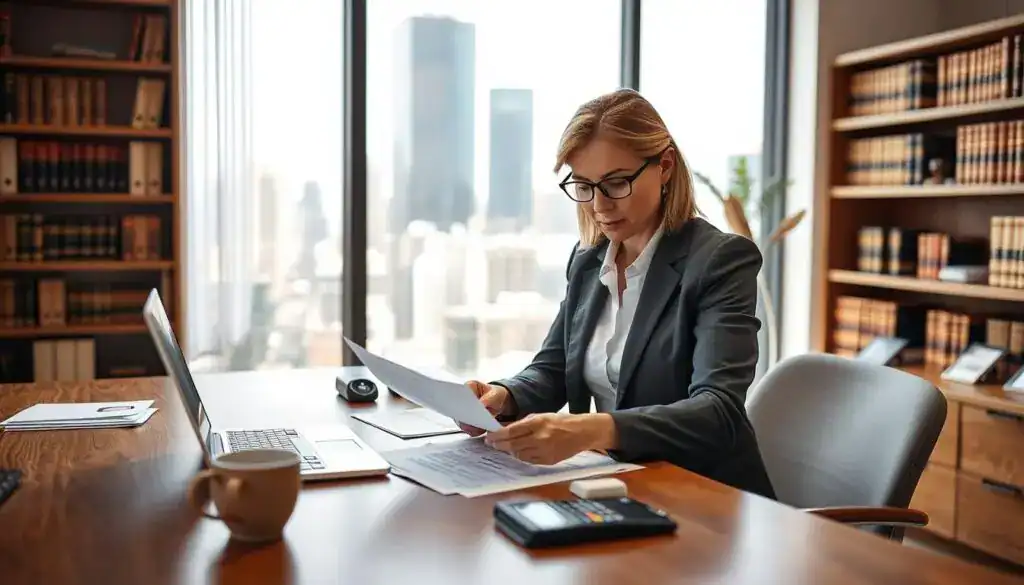 A confident property appraiser reviews a detailed damage assessment report in a modern office setting. In the foreground, a focused middle-aged woman in professional business attire examines documents on her sleek wooden desk, complete with a laptop and a calculator. In the middle ground, a large window reveals a bright cityscape outside, allowing natural light to flood the space. Papers and a coffee cup add to the realistic office environment, suggesting a busy workday. The background features shelves filled with legal books, emphasizing the importance of expertise in property valuation. The overall mood is serious yet professional, capturing the critical role of an appraiser in ensuring fair compensation for damages, with warm lighting for an inviting atmosphere. A confident property appraiser reviews a detailed damage assessment report in a modern office setting. In the foreground, a focused middle-aged woman in professional business attire examines documents on her sleek wooden desk, complete with a laptop and a calculator. In the middle ground, a large window reveals a bright cityscape outside, allowing natural light to flood the space. Papers and a coffee cup add to the realistic office environment, suggesting a busy workday. The background features shelves filled with legal books, emphasizing the importance of expertise in property valuation. The overall mood is serious yet professional, capturing the critical role of an appraiser in ensuring fair compensation for damages, with warm lighting for an inviting atmosphere.