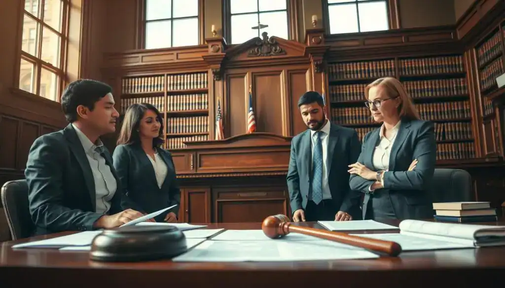 A courtroom scene depicting the judicial process of filing a claim for compensation. In the foreground, a diverse group of three professional individuals in business attire, engaged in a serious discussion, with legal documents spread on a table. The middle ground features a large wooden judge's bench and a gavel, emphasizing the legal environment. The background shows shelves filled with law books and a large window allowing natural light to stream in, casting soft shadows. The overall atmosphere is one of professionalism and solemnity, with warm lighting creating an inviting yet serious mood. The camera angle is slightly elevated, focusing on the group’s interaction while maintaining the courtroom's authoritative presence.