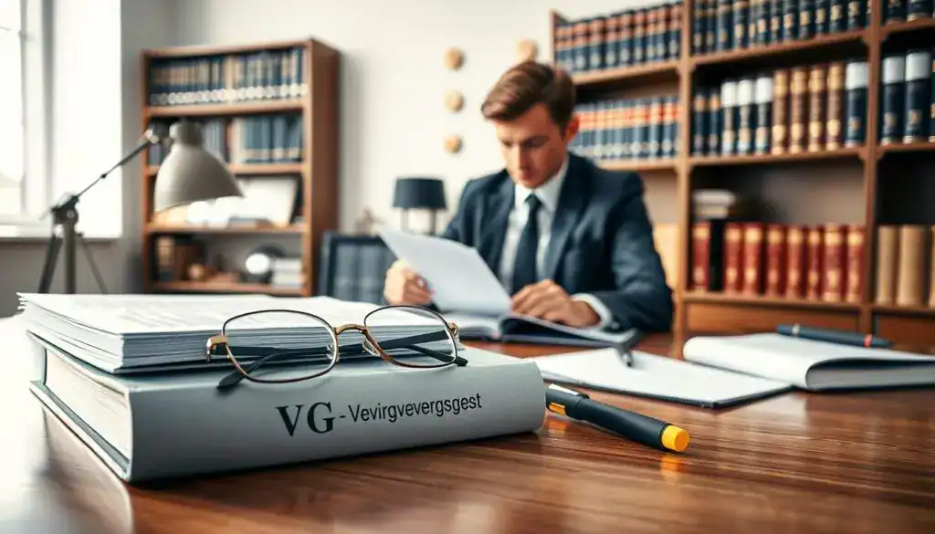 A detailed and professional scene depicting legal documents in a German legal context. In the foreground, a polished wooden desk covered with neatly organized legal books, including a prominent book labeled "VVG" (Versicherungsvertragsgesetz). A pair of elegant eyeglasses sits beside a highlighter and a pen, suggesting active study. In the middle, a legal professional in smart business attire, focused and examining the documents closely, conveying determination and diligence. The background features shelves filled with more legal texts, a soft glow from a desk lamp, and a large window allowing natural light to filter in, creating a bright yet serious atmosphere. The overall mood is one of professionalism and careful consideration, reflecting the complexities of insurance law in Germany. A detailed and professional scene depicting legal documents in a German legal context. In the foreground, a polished wooden desk covered with neatly organized legal books, including a prominent book labeled "VVG" (Versicherungsvertragsgesetz). A pair of elegant eyeglasses sits beside a highlighter and a pen, suggesting active study. In the middle, a legal professional in smart business attire, focused and examining the documents closely, conveying determination and diligence. The background features shelves filled with more legal texts, a soft glow from a desk lamp, and a large window allowing natural light to filter in, creating a bright yet serious atmosphere. The overall mood is one of professionalism and careful consideration, reflecting the complexities of insurance law in Germany.
