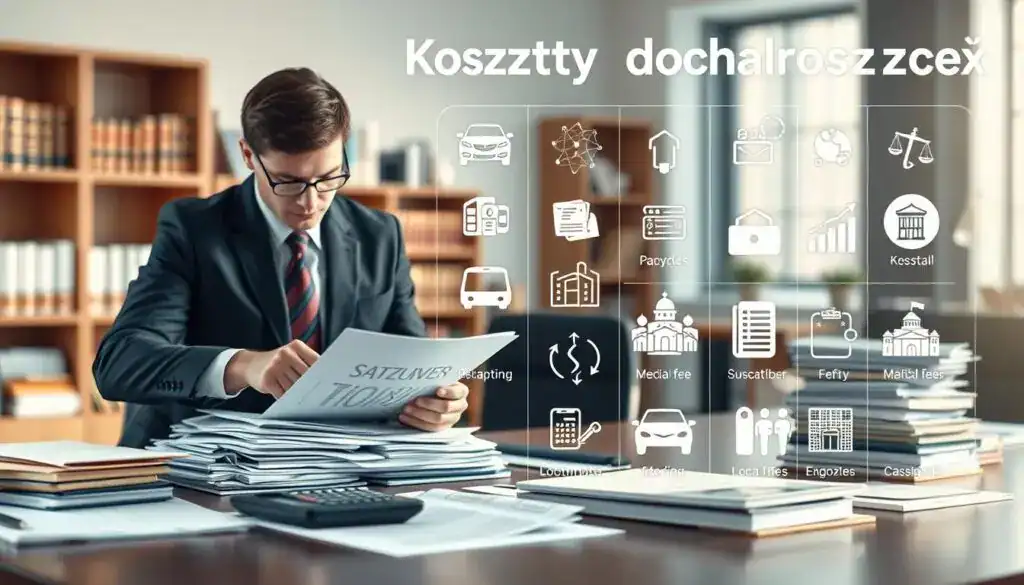 A detailed infographic-style illustration of "Koszty dochodzenia roszczeń." In the foreground, a professional figure dressed in a sharp business suit, analyzing documents on a desk filled with stacks of paperwork and a calculator. In the middle ground, various icons representing different types of costs, such as a damaged vehicle, legal fees, and medical expenses, arranged in a visually appealing way. The background features a blurred image of an office environment, with bookshelves and legal decor that hints at a formal atmosphere. Soft, natural lighting streams in from a window, creating a warm and professional mood. The overall composition should convey a sense of diligence and attention to detail, without any text or distractions.