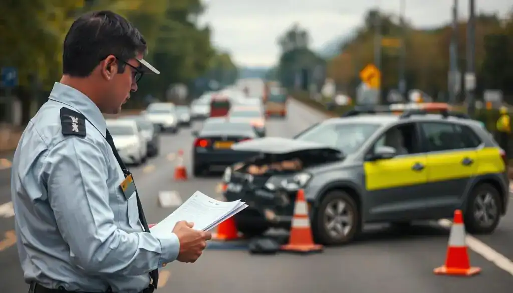 A detailed scene depicting a road traffic investigation, centered on a police officer examining a car accident. In the foreground, the officer dressed in professional business attire takes notes, showing concentration and diligence. In the middle ground, the damaged vehicle is surrounded by evidence markers and a few traffic cones, emphasizing the seriousness of the situation. In the background, a busy street is visible, lined with trees and distant buildings, suggesting an urban environment. The lighting is soft, with a slight overcast that casts a neutral tone over the scene, reminding the viewer of the somber nature of traffic incidents. The overall atmosphere conveys a sense of urgency and professionalism, highlighting the complexity of road traffic investigations.