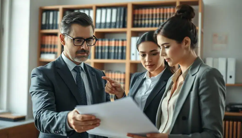 A detailed scene in an office setting, capturing a diverse group of three professional experts examining an insurance claim file. In the foreground, a middle-aged man in a tailored suit, wearing glasses, meticulously reviews documents. Beside him, a young woman in smart business attire points to a specific section, engaging in discussion. In the background, shelves filled with legal books and case files create a sense of professionalism. Bright, natural lighting streams through a window, casting soft shadows. The atmosphere is focused and serious, conveying the importance of diligent claim assessment and expert input. The image should be framed to emphasize the collaboration and expertise among the individuals, shot from a slight overhead angle for depth.