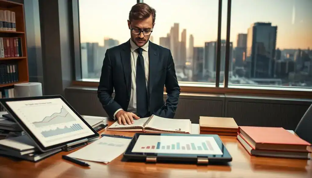 A focused lawyer specializing in traffic accident cases stands confidently in an office setting. In the foreground, the lawyer is dressed in a tailored navy suit, with a sharp tie and glasses, looking thoughtfully at a legal document on the table. The middle ground features a desktop cluttered with case files and law books, alongside a digital tablet displaying graphs related to legal costs. In the background, a large window reveals a city skyline bathed in warm afternoon light, creating an inviting yet professional atmosphere. The scene is well-lit, emphasizing the seriousness of legal work. The angle captures a dynamic perspective, hinting at the complexity of comprehensive legal matters. The overall mood is one of determination and professionalism, suitable for an insightful article section on legal costs.