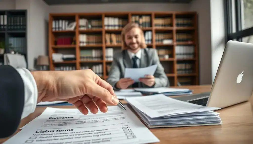 A focused scene depicting a professional setting where a person, dressed in formal business attire, is sitting at a desk filled with essential documents and a laptop. The foreground shows a hand reaching towards a stack of papers labeled "claim forms" while a pen hovers above a checklist. In the middle, a friendly insurance agent, also in business attire, is engaged in a discussion with the person, providing guidance on the claims process. The background features a slightly blurred office environment with bookshelves filled with legal books and a large window letting in soft, natural light, creating an atmosphere of clarity and professionalism. The overall mood is serious yet hopeful, reflecting the process of filing a compensation claim in Germany. A focused scene depicting a professional setting where a person, dressed in formal business attire, is sitting at a desk filled with essential documents and a laptop. The foreground shows a hand reaching towards a stack of papers labeled "claim forms" while a pen hovers above a checklist. In the middle, a friendly insurance agent, also in business attire, is engaged in a discussion with the person, providing guidance on the claims process. The background features a slightly blurred office environment with bookshelves filled with legal books and a large window letting in soft, natural light, creating an atmosphere of clarity and professionalism. The overall mood is serious yet hopeful, reflecting the process of filing a compensation claim in Germany.