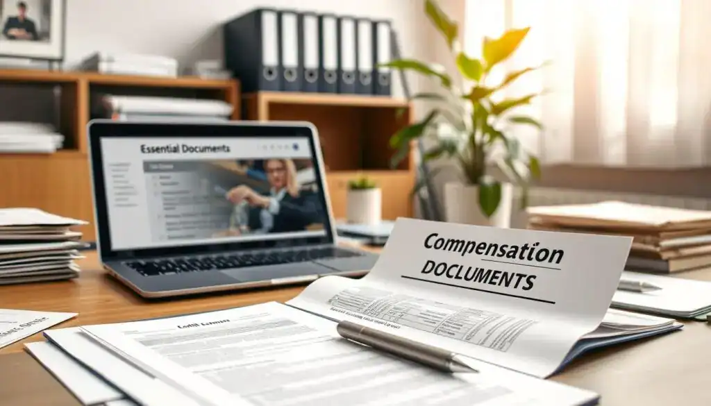 A neatly organized office desk filled with necessary documentation for filing a compensation claim. In the foreground, highlight a folder labeled "Compensation Documents" opened to reveal various forms, receipts, and a pen, emphasizing attention to detail. In the middle ground, include a laptop displaying an insurance website with a checklist titled "Essential Documents." The background features a shelf with more folders, an indoor plant adding a touch of life, and soft natural light streaming in through a window. The scene conveys a professional atmosphere, suggesting urgency and clarity. Use a soft-focus lens to create a warm and inviting ambiance, capturing the meticulous nature of preparing for a claims process.