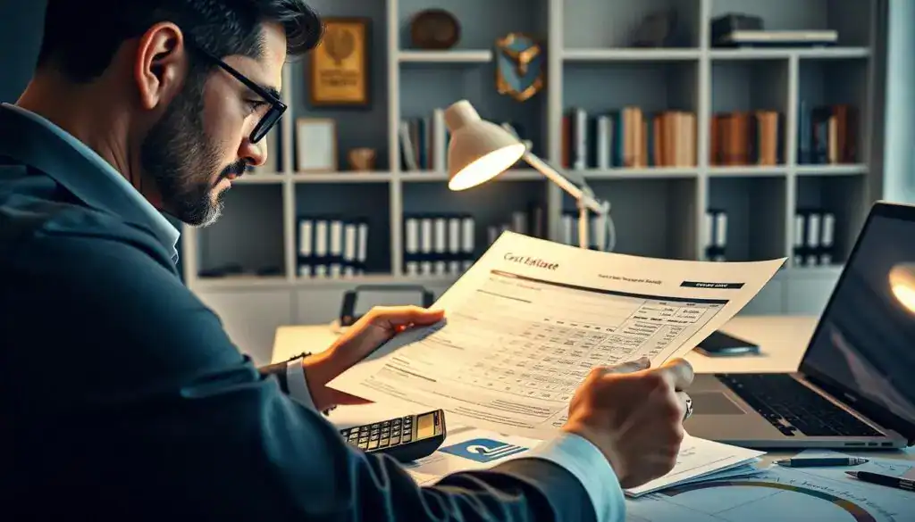 A professional accountant sitting at a modern desk, reviewing an intricate cost estimate document. The foreground features a close-up of the accountant’s focused expression, dressed in business attire, with a calculator and laptop open, highlighting the tools of analysis. In the middle, the desk is cluttered with financial papers, a soft glowing desk lamp illuminating the scene, casting a warm light that creates a serious yet calm atmosphere. The background reveals a minimalist office setting with tall shelves filled with books and certification plaques, emphasizing professionalism and trust. The composition captures the essence of responsibility, emphasizing the meticulous nature of a vendor's duty to ensure accurate estimations. The image has a soft focus but sharp clarity on the document and the accountant, conveying a sense of diligence and commitment to technical scrutiny.