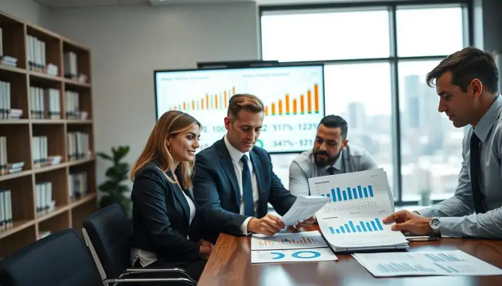 A professional and modern office environment showcasing a cost analysis meeting. In the foreground, a diverse group of three professionals in business attire, including a woman in a blazer and two men in shirts and ties, analyzing detailed financial documents on a conference table. In the middle ground, a large screen displays charts and graphs related to vehicle repair costs, with bright colors and clear data points. The background features shelves with industry-related books and a window revealing a cityscape, emphasizing a corporate atmosphere. The lighting is bright and focused, creating a productive and analytical mood, with a slight depth of field to draw attention to the subjects and documents at the table.