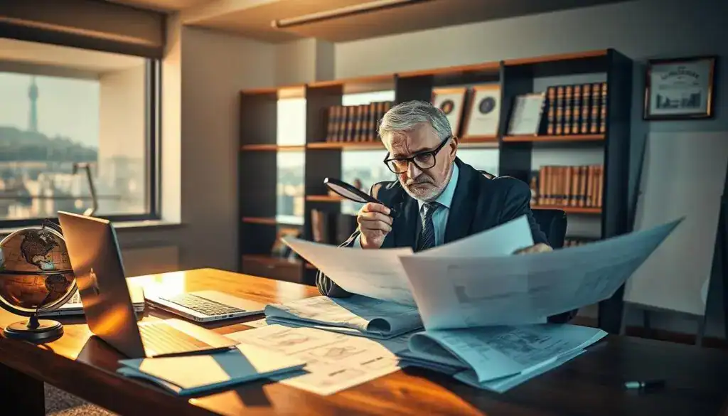 A professional appraiser, known as "rzeczoznawca," in a sleek office environment, examining property documents with a focused expression. In the foreground, a wooden desk is cluttered with blueprints, a laptop, and a vintage globe, all bathed in warm, natural light streaming through a large window. The appraiser, a middle-aged individual in business attire, is reviewing papers with a magnifying glass while wearing reading glasses, showcasing expertise and attention to detail. In the middle ground, there are shelves filled with legal books and framed certificates, adding to the professional atmosphere. The background features a cityscape visible through the window, hinting at the urban context of real estate. Aim for a balanced composition with soft shadows, emphasizing the seriousness and professionalism of the subject.