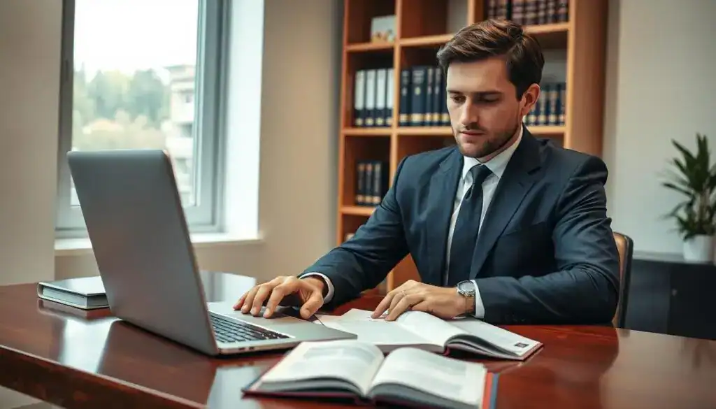 A professional attorney in a modern office setting, focused intently on calculating legal costs for civil claims. In the foreground, the lawyer, a mid-30s Caucasian male in a sharp navy suit and tie, uses a sleek laptop with documents spread across a polished mahogany desk. A legal book lies open nearby, suggesting depth of research. In the middle ground, a well-organized wall-mounted bookshelf filled with legal texts and a small potted plant add warmth. The background features a large window allowing soft, natural light to flood the room, creating a calm and focused atmosphere. The overall mood is serious and professional, ideal for conveying the importance of understanding legal costs effectively.