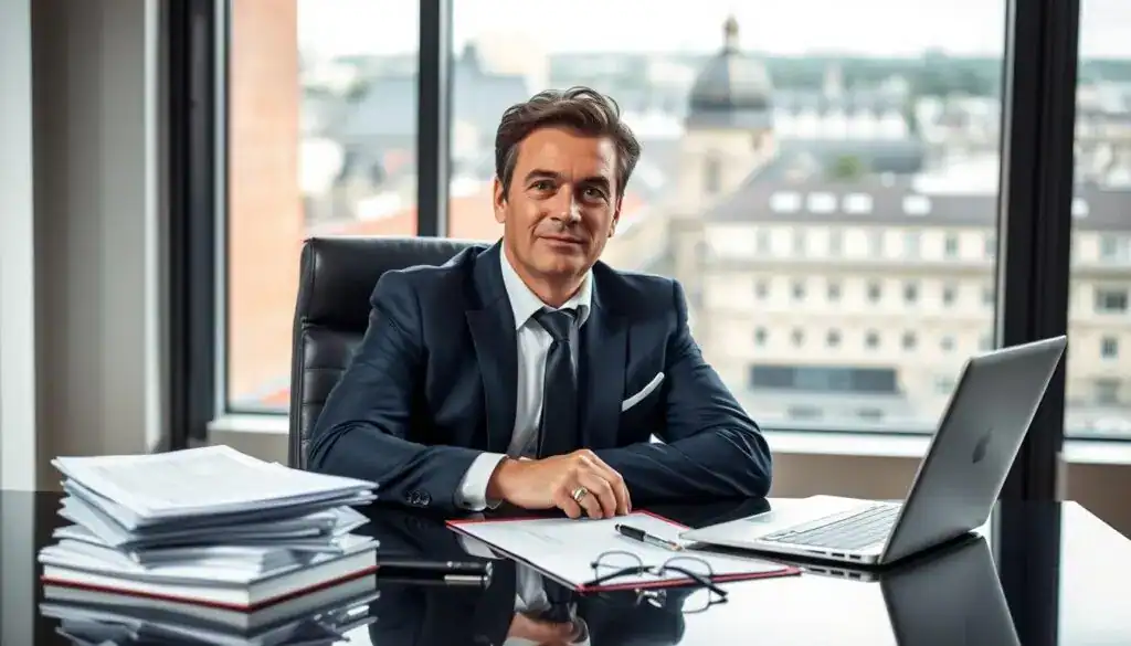 A professional attorney specializing in compensation claims in Germany, confidently seated at a sleek, modern office desk. The foreground features neatly stacked legal documents and a laptop, with a stylish pen and glasses on the side. The attorney, a middle-aged Caucasian man, is dressed in a sharp navy blue suit and a crisp white shirt, emphasizing professionalism. In the middle background, a large window showcases a cityscape with a hint of the German architecture, allowing natural light to fill the space. The atmosphere is serious yet approachable, inviting clients to seek legal help. Soft lighting enhances the warm and welcoming environment, captured from a slightly elevated angle that focuses on both the lawyer and his workspace. A professional attorney specializing in compensation claims in Germany, confidently seated at a sleek, modern office desk. The foreground features neatly stacked legal documents and a laptop, with a stylish pen and glasses on the side. The attorney, a middle-aged Caucasian man, is dressed in a sharp navy blue suit and a crisp white shirt, emphasizing professionalism. In the middle background, a large window showcases a cityscape with a hint of the German architecture, allowing natural light to fill the space. The atmosphere is serious yet approachable, inviting clients to seek legal help. Soft lighting enhances the warm and welcoming environment, captured from a slightly elevated angle that focuses on both the lawyer and his workspace.