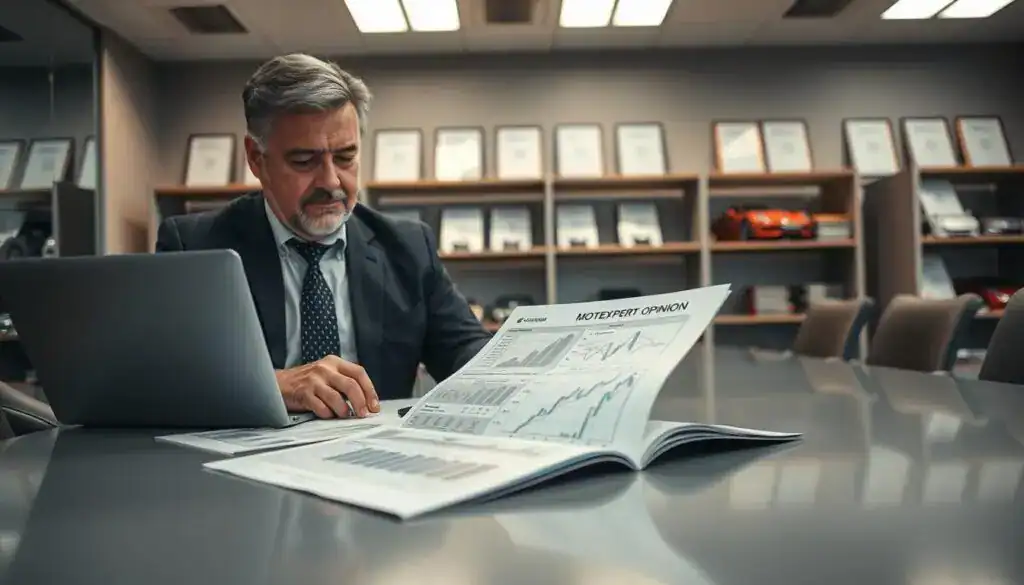 A professional automotive expert seated at a modern conference table, carefully reviewing a detailed report on vehicle assessments and insurance evaluations. In the foreground, the expert, a middle-aged man in a tailored suit, is intently examining graphs and charts on a laptop. The middle ground features a high-quality printed document titled "MOTOEXPERT Opinion" with various technical diagrams and metrics displayed. The background shows a sleek office environment with shelves of automotive manuals and certificates, reflecting expertise. Soft overhead lighting casts a warm yet focused glow, while the lens captures a slight depth of field, emphasizing the expert and the document. The overall mood conveys professionalism and diligence, suggesting a serious discussion about vehicle insurance processes.
