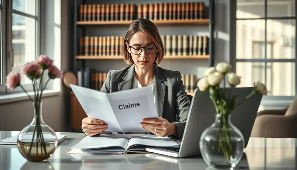A professional business setting showing a confident individual, a woman in modest professional attire, seated at a sleek desk with a laptop open and documents spread out. She is focused, thoughtfully reviewing a file labeled "Claims" with a serious expression. In the background, a softly lit office with shelves of books and legal texts contributes to the atmosphere of professionalism and diligence. The foreground features a modern vase with fresh flowers, adding a touch of warmth. Natural light filters in through large windows, casting soft shadows and creating an inviting yet serious mood. The composition captures the essence of responsibility and claims management, reflecting the essence of pursuing a claim to an insurer.