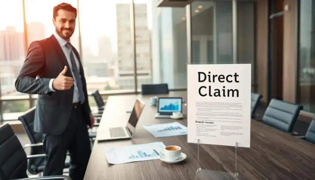A professional business setting that conveys a sense of direct communication regarding insurance claims. In the foreground, a confident businessperson dressed in a smart suit is standing confidently, gesturing toward a clearly marked insurance document titled "Direct Claim." In the middle ground, a large conference room table is filled with various insurance papers, a laptop showing graphs, and a few cups of coffee. The background features a glass wall with a cityscape view, diffusing warm, natural light that accentuates the focused atmosphere. The color scheme uses neutral tones mixed with calming blues and greys, creating a professional yet approachable mood. The angle is slightly from below, emphasizing the stature of the businessperson as they lead the discussion, highlighting the theme of empowerment in insurance processes. A professional business setting that conveys a sense of direct communication regarding insurance claims. In the foreground, a confident businessperson dressed in a smart suit is standing confidently, gesturing toward a clearly marked insurance document titled "Direct Claim." In the middle ground, a large conference room table is filled with various insurance papers, a laptop showing graphs, and a few cups of coffee. The background features a glass wall with a cityscape view, diffusing warm, natural light that accentuates the focused atmosphere. The color scheme uses neutral tones mixed with calming blues and greys, creating a professional yet approachable mood. The angle is slightly from below, emphasizing the stature of the businessperson as they lead the discussion, highlighting the theme of empowerment in insurance processes.