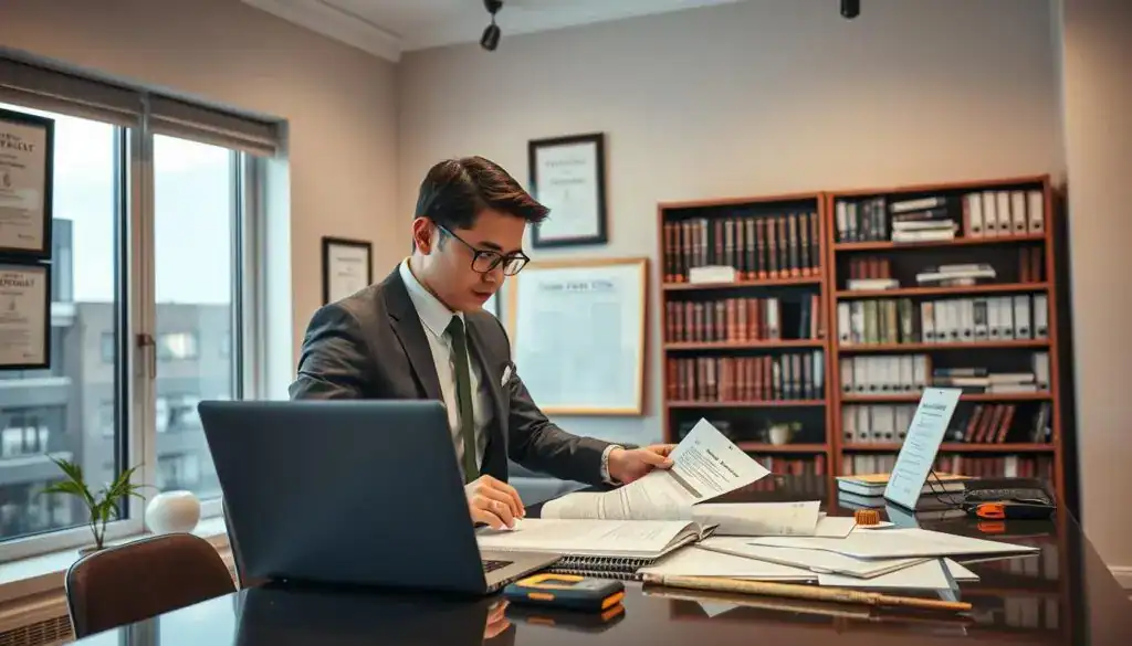 A professional, ethical appraiser in a modern office setting, examining damage reports and property assessments. In the foreground, a focused individual in smart business attire reviews documents on a sleek desk, with a laptop and measuring tools nearby. In the middle, the office features large windows allowing natural light to flood in, with certificates and ethical guidelines elegantly framed on the walls. The background showcases a well-organized bookshelf filled with references on valuation and appraisal ethics. The lighting is warm and inviting, emphasizing a serious yet constructive atmosphere. The overall mood conveys diligence and professionalism, highlighting the importance of ethical standards in damage assessment work.