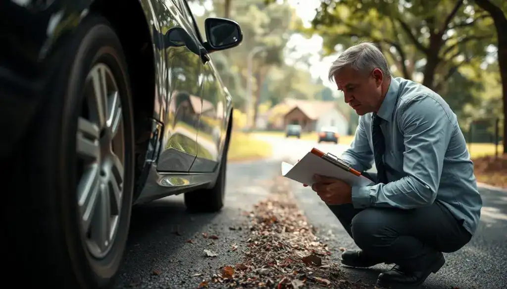 A professional insurance adjuster examining a damaged vehicle after an accident. In the foreground, the adjuster, dressed in business attire, is kneeling beside a car with visible dents and scratches, closely inspecting the vehicle's surface with a clipboard in hand. In the middle ground, a semi-rural roadside setting with a blurred background of trees and a distant house, suggesting a recent collision scene. Soft, natural lighting filters through the leaves, creating dappled effects on the scene. The atmosphere is serious and focused, conveying the meticulous nature of the assessment process. The angle is slightly low, capturing the adjuster's concentration and the detailed condition of the vehicle, emphasizing the importance of accurate appraisal in the claims process.