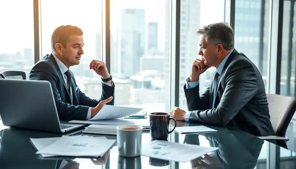 A professional insurance agent, dressed in business attire, is seated at a sleek modern desk. They are engaged in a thoughtful discussion with a concerned client, surrounded by paperwork and a laptop displaying charts. The middle ground showcases various documents, including policy papers and a coffee cup, symbolizing the seriousness of the negotiation. In the background, a cityscape is visible through a large window, subtly hinting at the corporate setting. Bright, natural lighting floods the scene, creating an atmosphere of professionalism and urgency. The camera angle captures the faces of both figures, emphasizing their expressions of determination and focus as they address the complexities of their situation.