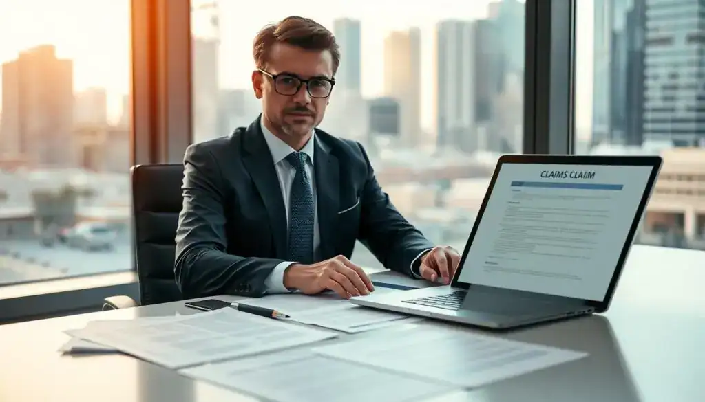 A professional insurance agent in a smart business suit, sitting at a modern desk filled with paperwork, a laptop open displaying a claims form. In the foreground, there are neatly organized documents related to an accident claim, emphasizing the focus on processing claims. In the middle ground, a large window lets in warm, natural light, illuminating the workspace and creating a sense of clarity and professionalism. Outside the window, a cityscape is visible, suggesting an urban office environment. The overall mood is serious and attentive, highlighting the importance of following the correct procedure for filing a claim. The scene should be well-composed, with a sharp focus on the workspace, employing a shallow depth of field to blur the background.