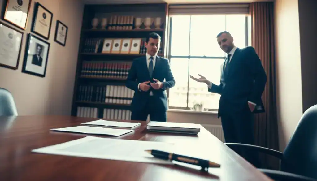 A professional lawyer, dressed in a sharp navy-blue suit, stands confidently in a modern law office. The foreground features a polished wooden desk with legal documents, a laptop, and a stylish pen. The middle ground captures the lawyer engaged in a conversation, gesturing towards a large window that lets in warm, natural light. The background reveals shelves filled with law books and awards, emphasizing expertise and success in personal injury claims. Soft, diffused lighting creates a calming yet authoritative atmosphere, suggesting trust and professionalism. The angle is slightly low, providing a sense of importance to the lawyer's role in the compensation process, enhancing the overall mood of determination and competence.