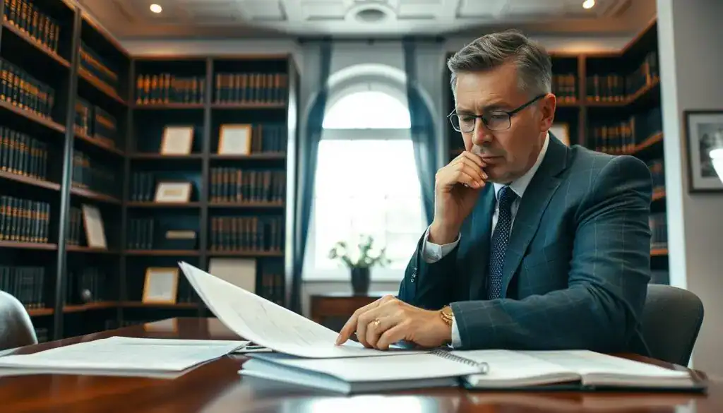 A professional lawyer in a modern office setting, discussing legal matters related to compensation claims. In the foreground, focus on a thoughtful, middle-aged lawyer dressed in a tailored suit, examining legal documents on a polished wooden desk. In the middle ground, a large window lets in soft, natural light, illuminating the room and creating a warm, inviting atmosphere. Bookshelves filled with legal texts and framed certificates occupy the background, emphasizing expertise and professionalism. The color palette is neutral, with hints of deep blue and gold accents. The angle captures the lawyer's focused expression, conveying determination and trustworthiness. The overall mood is serious and professional, reflecting the importance of legal counsel after an accident in Germany.