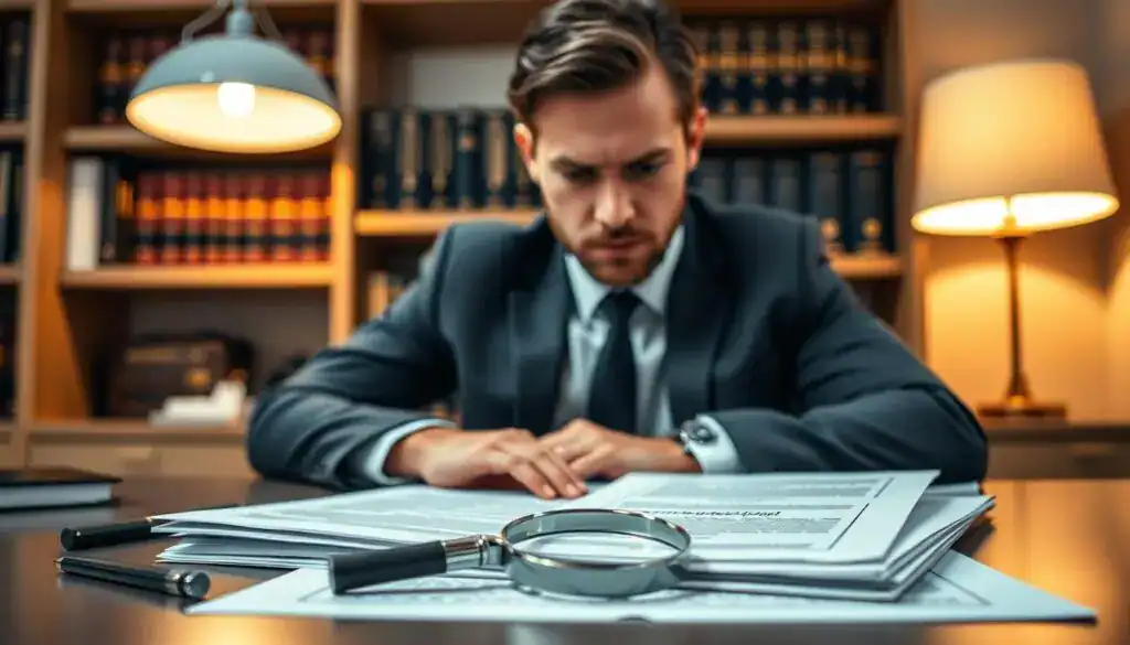 A professional lawyer sitting at a sleek desk, carefully examining a stack of German legal documents, focused expression with a furrowed brow. In the background, a wall lined with law books, a soft-glowing desk lamp casting warm light, creating a serious yet inviting atmosphere. Highlight the intricate details of the documents, featuring fine print and legal jargon, emphasizing their complexity. The foreground should include a close-up of a magnifying glass resting on the table, symbolizing the meticulous scrutiny required. Use a shallow depth of field to blur the background slightly, directing attention to the lawyer and documents. The resulting image should convey the importance of understanding legal papers, blending professionalism with an air of caution in a corporate office setting.