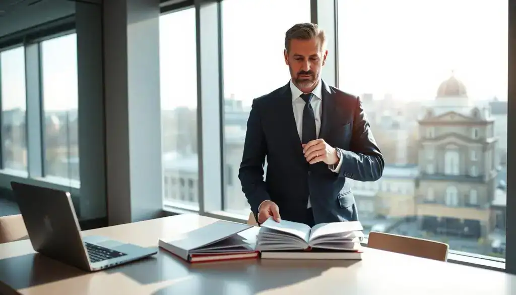 A professional lawyer specializing in compensation claims in Germany, standing confidently in an office environment. The lawyer, a middle-aged Caucasian male, is dressed in a sharp navy blue suit and a crisp white shirt, exuding professionalism and authority. In the foreground, he is reviewing documents on a sleek modern desk, with a laptop open and legal books stacked neatly nearby. The middle layer features a large window allowing natural light to fill the room, casting soft shadows that enhance the atmosphere of diligence and focus. In the background, a cityscape of Berlin is visible through the window, suggesting a dynamic urban setting. The overall mood is serious and motivated, emphasizing the lawyer's commitment to helping clients navigate insurance claims after accidents. A professional lawyer specializing in compensation claims in Germany, standing confidently in an office environment. The lawyer, a middle-aged Caucasian male, is dressed in a sharp navy blue suit and a crisp white shirt, exuding professionalism and authority. In the foreground, he is reviewing documents on a sleek modern desk, with a laptop open and legal books stacked neatly nearby. The middle layer features a large window allowing natural light to fill the room, casting soft shadows that enhance the atmosphere of diligence and focus. In the background, a cityscape of Berlin is visible through the window, suggesting a dynamic urban setting. The overall mood is serious and motivated, emphasizing the lawyer's commitment to helping clients navigate insurance claims after accidents.