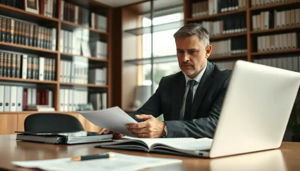 A professional lawyer specializing in insurance claims in Germany, sitting at a modern office desk with a focused expression. The lawyer, a middle-aged Caucasian man, is dressed in a well-tailored dark suit and a crisp white shirt, looking through documents and a laptop. In the foreground, there are open files and a pen, illustrating his attention to detail. In the middle ground, a large bookshelf filled with legal books and manuals enhances the professional atmosphere. The background features a large window, allowing natural light to flood the space and casting subtle shadows. The mood is serious yet optimistic, reflecting his commitment to helping clients navigate their insurance claims effectively. Shot from a slightly elevated angle to give a commanding view of the scene, emphasizing professionalism and expertise.