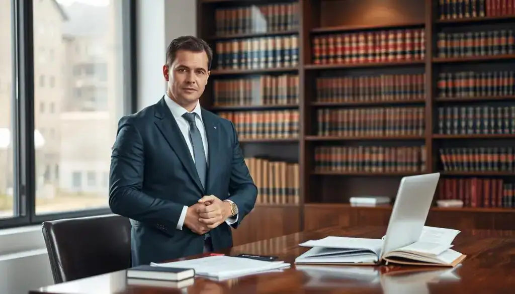 A professional lawyer specializing in road accident cases, standing confidently in an office setting, wearing a sharp navy suit and a crisp white shirt. In the foreground, the lawyer is reviewing documents on a polished wooden desk, with a laptop and a small legal book nearby. The middle ground shows a bookshelf filled with legal texts and case law references, suggesting expertise and professionalism. The background features a large window with soft natural light streaming in, creating a warm and inviting atmosphere. The mood is one of determination and readiness to assist clients in need, emphasizing trust and reliability in legal support after traffic accidents.