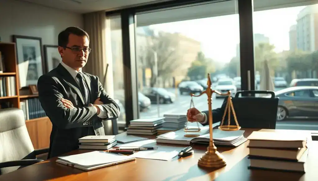 A professional lawyer standing confidently in a well-appointed office, discussing the principles of liability under § 7 StVG. The foreground features the lawyer, dressed in formal business attire, gesturing toward a document on the desk. In the middle, the desk is cluttered with legal books, papers, and a scale of justice, symbolizing the balance of responsibility. The background reveals a large window with soft, natural light illuminating the room, casting gentle shadows. A view of a busy city street is visible through the glass, hinting at the impact of vehicular movement. The overall mood is serious and contemplative, evoking a sense of legal authority and the gravity of responsibility in vehicle-related incidents.