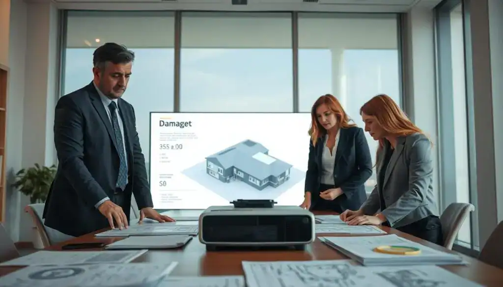 A professional meeting room showcasing a detailed assessment of damages. In the foreground, a team of two business professionals, one male and one female, both dressed in smart business attire, analyze documents and blueprints spread out on a large conference table. The middle layer features a digital projector displaying a detailed 3D model of damaged property, highlighting areas of concern and repair estimates. In the background, large windows let in soft natural light, illuminating the space and creating a calm yet focused atmosphere. The mood is serious and analytical, with clear shadows and highlights to emphasize the professionals' expressions of concentration. The camera angle is slightly elevated, capturing both the team’s engagement and the details on the table effectively.