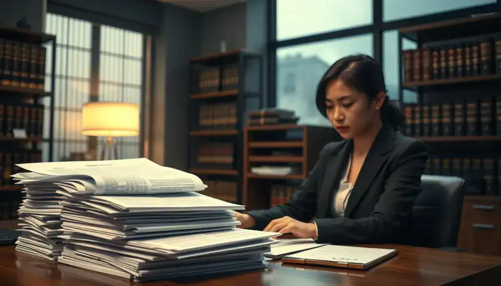 A professional office scene depicting a person in business attire, absorbed in analyzing a stack of complex legal documents. In the foreground, the individual, an Asian female, sits at a sleek wooden desk, illuminated by warm overhead lighting that casts soft shadows. The middle layer features piles of paperwork, highlighting keywords and phrases on the documents, symbolizing the complexity and potential pitfalls of misinterpretation. In the background, shelves filled with law books and a shadowy window suggesting a gloomy day outside, enhancing the mood of caution and seriousness. The overall atmosphere conveys a sense of urgency and reflection, urging careful consideration of legal matters.
