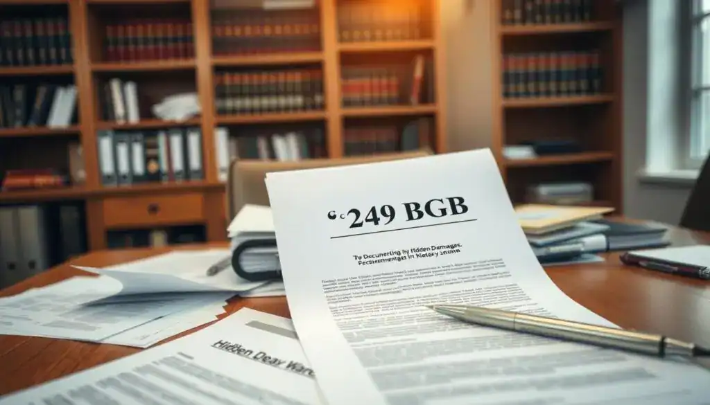A professional office setting depicting a close-up of a legal document titled "§ 249 BGB" on a wooden desk, surrounded by scattered paperwork and a pen, symbolizing the process of documenting hidden damages. In the background, there are shelves filled with legal books and files, subtly emphasizing the theme of legal documentation. Soft, natural lighting filters through a nearby window, creating a warm and serious atmosphere. The focus is on the document, highlighting its importance, while maintaining a polished and organized chaos typical of a legal environment. The image should evoke a sense of professionalism and diligence in handling legal matters.