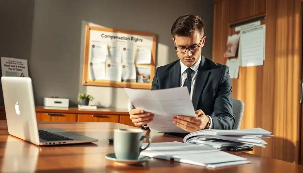 A professional office setting, depicting a determined individual in business attire, meticulously reviewing a stack of documents related to compensation claims. The foreground features a polished wooden desk with a laptop, open files, and a coffee cup. In the middle ground, a wall-mounted bulletin board displays various resources about legal rights, while a calendar highlights important deadlines. The background shows a large window with natural light streaming in, casting soft shadows across the room. The atmosphere is one of focus and diligence, emphasizing the importance of taking actionable steps. Use soft, warm lighting to create an inviting yet professional mood, captured with a slightly elevated angle to emphasize the workspace's organization and the individual's concentration.