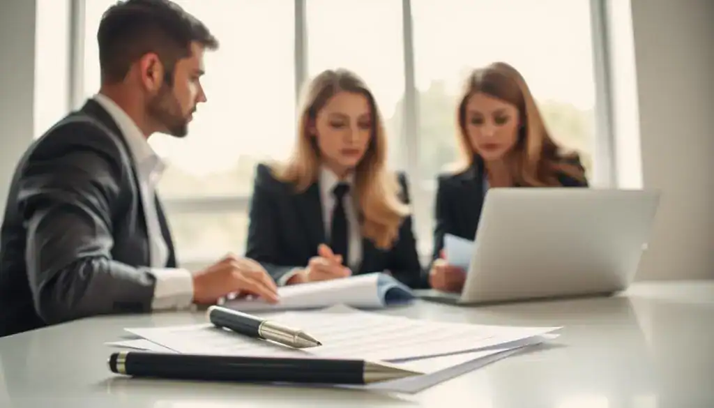 A professional office setting focused on the theme of accident compensation. In the foreground, a clearly defined desk with essential documents such as a claim form and a pen, symbolizing the process of filing for compensation. In the middle ground, two individuals in professional business attire, a male and a female, are engaged in a discussion with serious expressions, reviewing information on a laptop. The background features a large window allowing natural light to pour in, reflecting the clarity and transparency of the compensation process. The overall mood is one of professionalism and determination, highlighting the importance of following proper procedures after an accident. Soft lighting enhances the seriousness of the situation without creating harsh shadows.