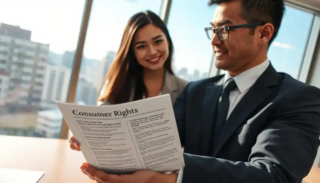 A professional office setting showcasing a meeting between an insurance agent and a customer. In the foreground, the agent, a middle-aged Caucasian man in a business suit, is handing over documents to a young Asian woman dressed in smart casual attire. The focus is on a detailed brochure titled "Consumer Rights" that emphasizes the right to access information. In the middle ground, a large window reveals a bright cityscape with a clear blue sky, reinforcing a sense of transparency and openness. The lighting is warm and inviting, creating a favorable atmosphere. The camera angle is slightly above eye level, capturing both individuals in a dynamic interaction, symbolizing collaboration and trust in the insurance process. A professional office setting showcasing a meeting between an insurance agent and a customer. In the foreground, the agent, a middle-aged Caucasian man in a business suit, is handing over documents to a young Asian woman dressed in smart casual attire. The focus is on a detailed brochure titled "Consumer Rights" that emphasizes the right to access information. In the middle ground, a large window reveals a bright cityscape with a clear blue sky, reinforcing a sense of transparency and openness. The lighting is warm and inviting, creating a favorable atmosphere. The camera angle is slightly above eye level, capturing both individuals in a dynamic interaction, symbolizing collaboration and trust in the insurance process.