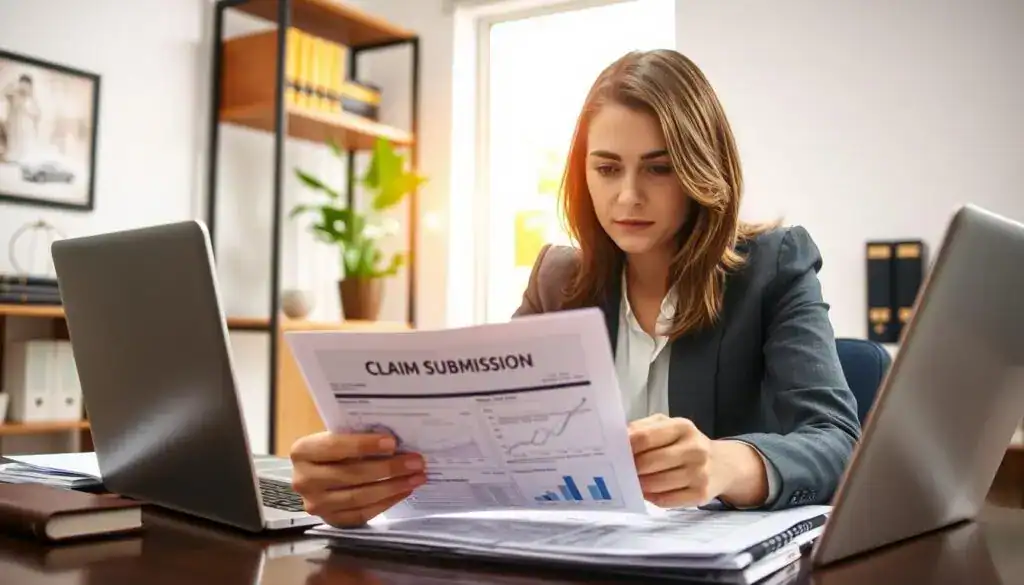 A professional office setting showcasing a woman in business attire seated at a desk, intently reviewing paperwork related to an insurance claim. She has a focused expression, surrounded by documents and a laptop depicting graphs and charts. The foreground features a close-up of her hands holding an insurance form titled “Claim Submission”. In the middle, a soft-focus view of a window allows natural light to flood the room, creating a warm atmosphere. In the background, shelves are lined with legal books and a potted plant. The scene conveys a sense of determination and professionalism, highlighting the complexities and common issues associated with filing insurance claims. The lighting is bright yet soft, emphasizing clarity and a hopeful mood. A professional office setting showcasing a woman in business attire seated at a desk, intently reviewing paperwork related to an insurance claim. She has a focused expression, surrounded by documents and a laptop depicting graphs and charts. The foreground features a close-up of her hands holding an insurance form titled “Claim Submission”. In the middle, a soft-focus view of a window allows natural light to flood the room, creating a warm atmosphere. In the background, shelves are lined with legal books and a potted plant. The scene conveys a sense of determination and professionalism, highlighting the complexities and common issues associated with filing insurance claims. The lighting is bright yet soft, emphasizing clarity and a hopeful mood.