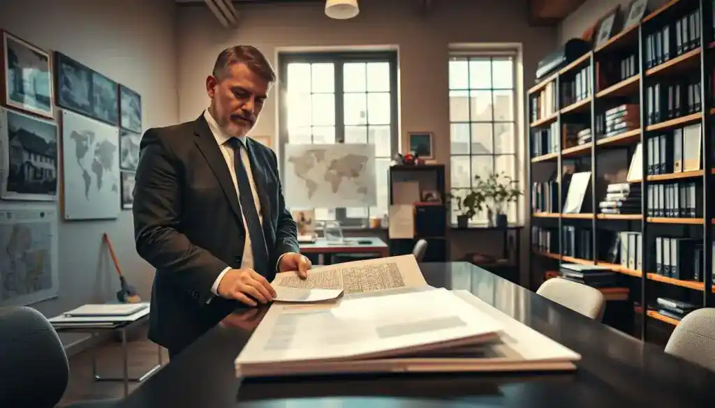 A professional property appraiser standing confidently in an office surrounded by various appraisal tools and documents. In the foreground, the appraiser, a middle-aged individual in professional business attire, examines a detailed property report on a sleek desk. The middle ground showcases a large window with natural sunlight pouring in, illuminating maps and property images on the wall. In the background, shelves filled with books and professional certifications emphasize expertise. The atmosphere is serious yet approachable, conveying trust and professionalism, with warm lighting casting soft shadows. The angle is slightly elevated, focusing on the appraiser's engaged expression and the organized workspace, symbolizing reliability in property valuation. A professional property appraiser standing confidently in an office surrounded by various appraisal tools and documents. In the foreground, the appraiser, a middle-aged individual in professional business attire, examines a detailed property report on a sleek desk. The middle ground showcases a large window with natural sunlight pouring in, illuminating maps and property images on the wall. In the background, shelves filled with books and professional certifications emphasize expertise. The atmosphere is serious yet approachable, conveying trust and professionalism, with warm lighting casting soft shadows. The angle is slightly elevated, focusing on the appraiser's engaged expression and the organized workspace, symbolizing reliability in property valuation.