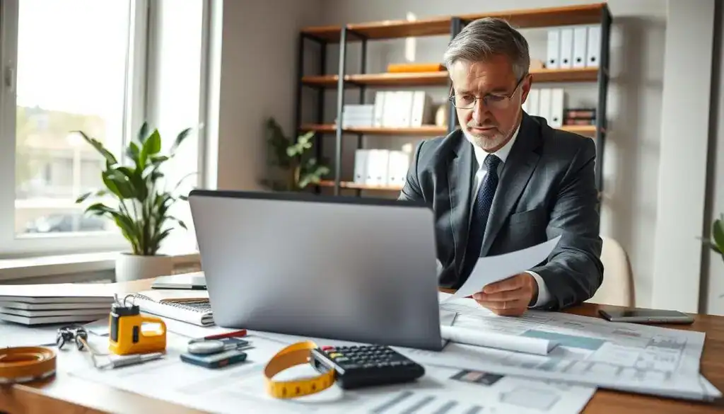 A professional real estate appraiser (rzeczoznawca majątkowy) in a modern office setting, examining blueprints and property evaluation documents. The appraiser, a middle-aged individual in business attire, is focused and taking notes with a laptop open, displaying graphs and statistics. In the foreground, a desk cluttered with architectural tools, a measuring tape, and a calculator. In the middle ground, a large window letting in natural light, casting soft shadows across the room. The background features shelves filled with property books and a potted plant, creating a serene and organized atmosphere. The mood is serious yet professional, highlighting the importance of accurate property assessments to avoid costly mistakes. Lighting is bright and natural for an inviting feel, shot from a slightly elevated angle.