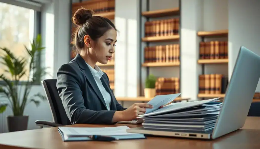 A professional, serene home office setting focusing on the concept of online legal advice. In the foreground, a laptop is open, displaying a legal document, alongside a neatly organized stack of files and a quality pen. A woman in professional business attire reviews documents with a thoughtful expression, her hair tied neatly. In the middle, a comfortable, modern desk is paired with an ergonomic chair, and a potted plant adds a touch of greenery. The background softly blurs into shelves filled with law books, presenting an academic atmosphere. Warm, natural light filters through a nearby window, casting gentle shadows and creating an inviting ambiance that conveys clarity and trust in legal documentation.