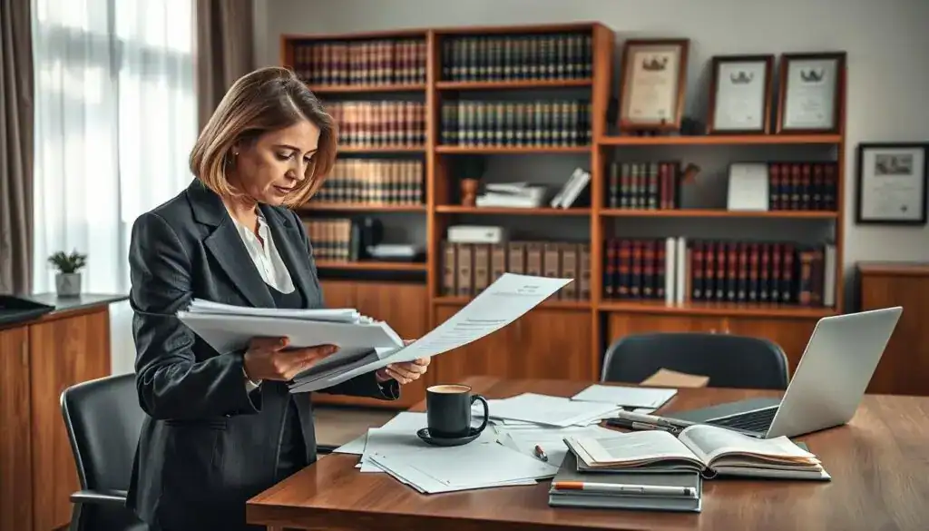 A professional setting depicting a legal expert specializing in § 249 BGB, focusing on insurance disputes. In the foreground, a middle-aged woman in smart business attire examines a stack of documents with a thoughtful expression, showcasing her expertise. In the middle, a large wooden table is cluttered with papers, a laptop, and a coffee cup, representing a busy, analytical atmosphere. In the background, a bookshelf filled with legal textbooks and framed certificates adds a sense of authority and knowledge. Soft, diffused lighting streams in from a window, casting gentle shadows that enhance the mood of seriousness and professionalism. The overall atmosphere conveys trust, expertise, and the importance of fair assessment in insurance claims.