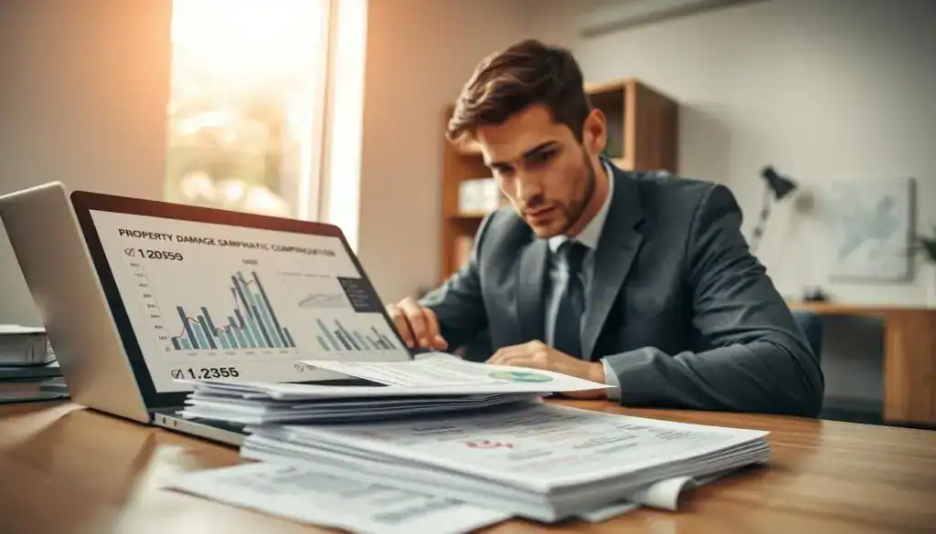 A professional setting depicting a person in business attire sitting at a desk, analyzing financial documents and charts related to property damage compensation. The foreground features a focused individual, with a laptop open displaying graphs and numerical data. In the middle layer, there is a stack of paperwork with stamps and notes indicating progress on a claim. The background shows a bright office space with natural light streaming through a window, creating a sense of clarity and determination. The atmosphere is serious yet hopeful, conveying the importance of monitoring progress in legal matters. Soft, warm lighting enhances the professionalism of the scene, with a slight depth of field focusing on the individual’s intense expression. A professional setting depicting a person in business attire sitting at a desk, analyzing financial documents and charts related to property damage compensation. The foreground features a focused individual, with a laptop open displaying graphs and numerical data. In the middle layer, there is a stack of paperwork with stamps and notes indicating progress on a claim. The background shows a bright office space with natural light streaming through a window, creating a sense of clarity and determination. The atmosphere is serious yet hopeful, conveying the importance of monitoring progress in legal matters. Soft, warm lighting enhances the professionalism of the scene, with a slight depth of field focusing on the individual’s intense expression.
