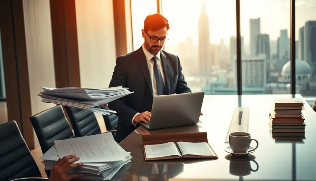 A professional setting illustrating the interpretation of § 249 BGB in a legal context. In the foreground, a serious business professional in formal attire is examining a stack of legal documents and a laptop, highlighting the analysis process of damages assessment. In the middle ground, a sleek, modern conference table is adorned with various legal texts and a cup of coffee. The background features a large window with natural light streaming in, illuminating a city skyline, suggesting a bustling business environment. Use a warm color palette to create a focused yet dynamic atmosphere. The image should be captured from a slightly elevated angle to emphasize the workspace and invoke a sense of professionalism. Avoid any text or direct references to the article.
