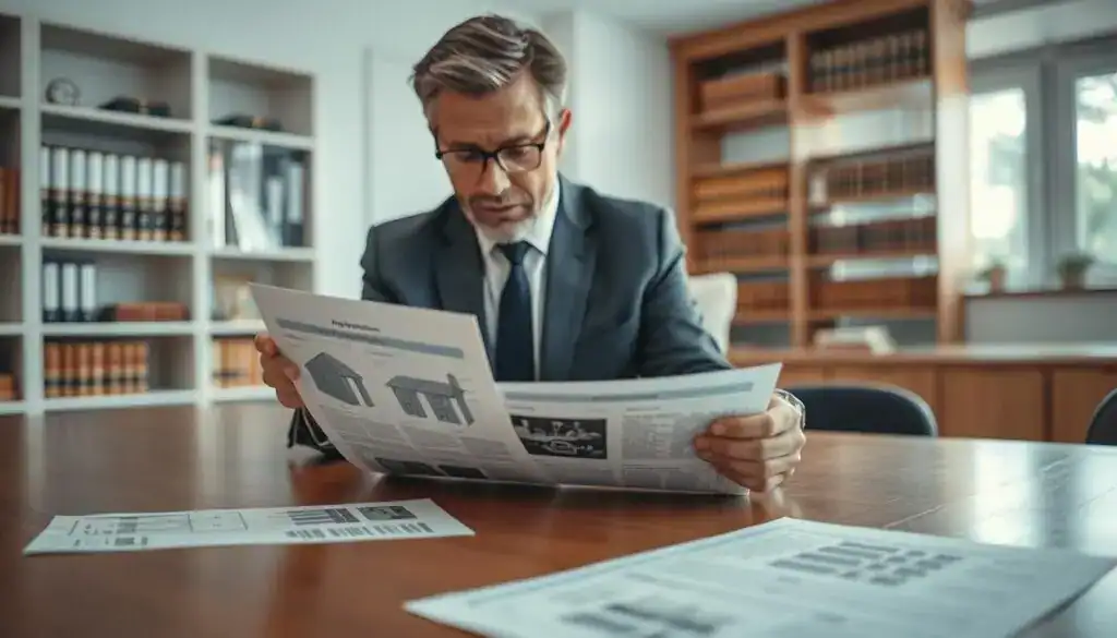 A professional setting showcasing a legal expert assessing damages in a mediation context. In the foreground, a middle-aged male expert in a tailored suit examines a damaged property document on a sleek wooden table, highlighting his concentration and expertise. The middle layer features a close-up view of detailed images depicting assessments and valuations, including diagrams of damage and cost estimates. In the background, a softly lit office space with bookshelves filled with legal tomes, and a large window illuminating the scene with natural light, creating a calm and authoritative atmosphere. Use a balanced composition with a slight depth of field to emphasize the expert in focus, capturing professionalism and diligence in the mediation process.
