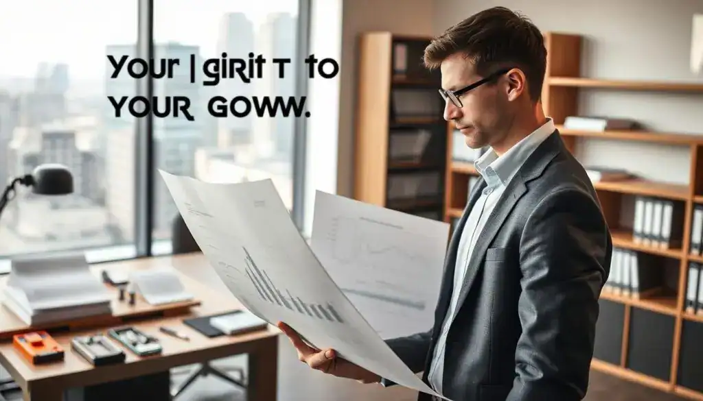A professional setting showcasing an independent expert analysis, emphasizing the phrase "Your right to your own technical opinion". In the foreground, a focused and confident person in business attire, standing beside a large document, examining it intently. In the middle ground, a modern office environment with a large window revealing a vibrant cityscape. On their desk, technical tools and graphs representing damage assessments are visible. The background features shelves lined with technical manuals and resources. Soft, diffused lighting adds warmth, creating a serious yet approachable atmosphere. The angle captures the expert’s profile to convey determination and professionalism. The scene evokes a sense of authority and independence in technical evaluation.