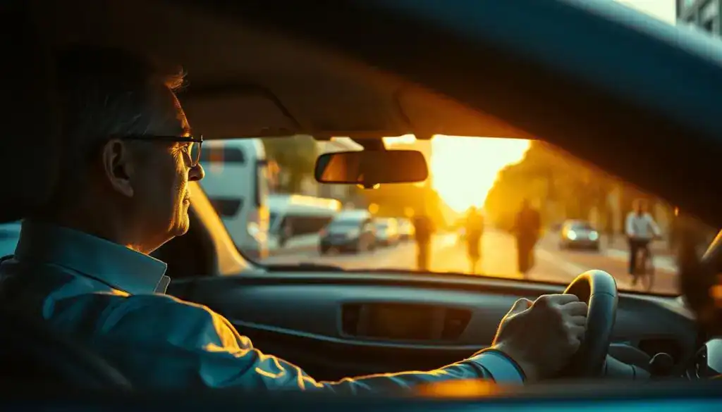 A responsible driver is seated in a modern car, looking contemplatively through the windshield, illustrating a moment of reflection on accountability. In the foreground, focus on the driver, a middle-aged individual in professional attire, subtly engaging in a thoughtful expression. In the middle ground, a city street is depicted, with blurred silhouettes of pedestrians and cyclists, hinting at the dynamic environment of urban driving. The background features a vibrant sunset casting warm golden light, suggesting hope and responsibility. Soft shadows enhance the scene, creating a contemplative atmosphere. Use a slightly elevated angle to capture the driver's perspective, emphasizing the importance of each decision made on the road, evoking a sense of both seriousness and tranquility.