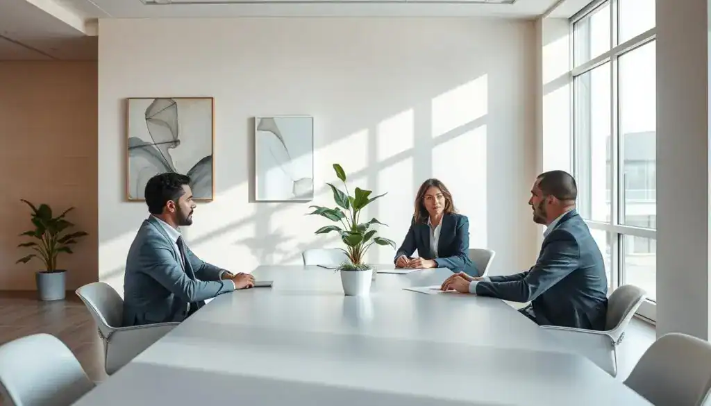A serene mediation scene set in a modern, well-lit conference room. In the foreground, a diverse group of three individuals—two men and one woman—are seated around a sleek, oval table, engaged in a discussion. They are dressed in professional business attire, demonstrating focus and respect for one another. The middle ground features neutral-colored walls adorned with abstract art, symbolizing progress and understanding. A potted plant adds a touch of nature to the scene, enhancing the atmosphere of calm. In the background, large windows let in soft, natural light, casting gentle shadows that create an inviting ambiance. The overall mood reflects collaboration and resolution, highlighting the role of mediation in dispute resolution.