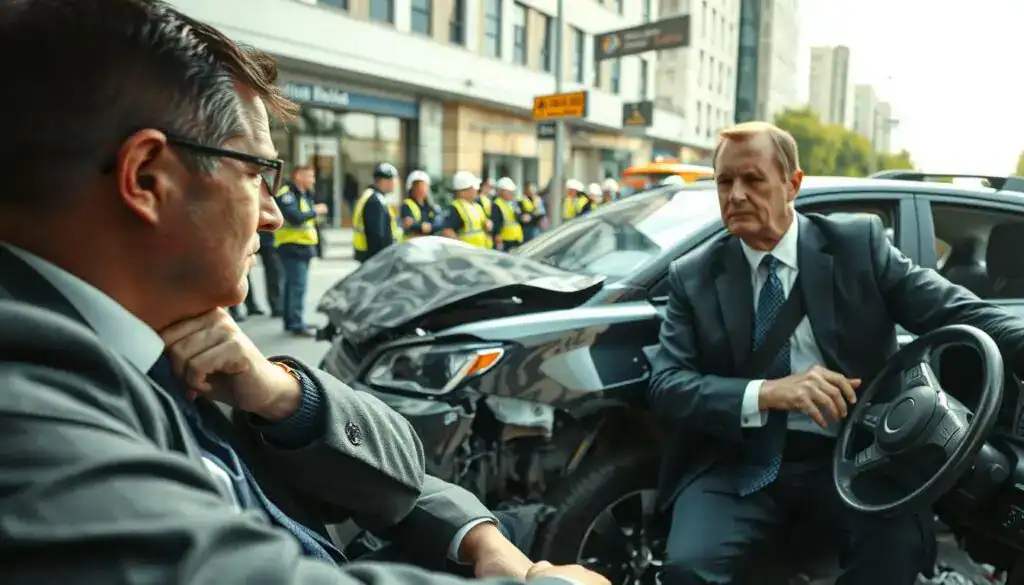 A tense scene depicting a car accident aftermath. In the foreground, a concerned car driver, dressed in professional business attire, is engaged in conversation with the vehicle's owner, who is also formally dressed. Their expressions convey frustration and urgency. In the middle ground, a damaged vehicle is prominently featured, displaying visible dents and scratches, while debris scattered around adds to the chaotic atmosphere. In the background, emergency responders and onlookers create an ambiance of urgency and concern. The lighting is bright and natural, indicative of daylight, to emphasize the seriousness of the situation. The angle captures both individuals clearly, while the surroundings hint at a busy urban environment, enhancing the emotional weight of the scene.