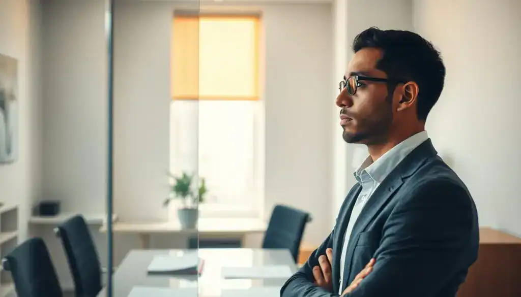 A thoughtful, professional individual stands in a well-lit office environment, embodying the concept of conscious action. In the foreground, the figure, dressed in formal business attire, gazes intently at a reflective glass surface, symbolizing introspection and awareness. The middle ground features a carefully arranged desk with documents and a plant, representing organization and clarity of thought. In the background, soft natural light streams through a window, casting gentle shadows that evoke a sense of calm and focus. The atmosphere is one of empowerment, highlighting the importance of making informed decisions. Use a slightly elevated angle to capture the individual’s expression and the workspace, creating a harmonious balance between the subject and their environment.
