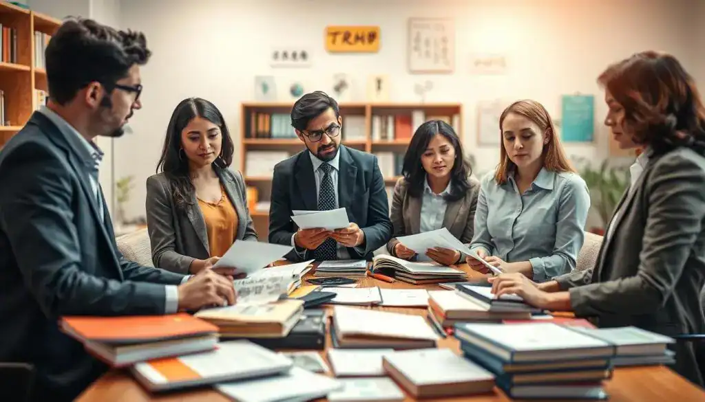 A thoughtful scene illustrating the concept of "language barrier." In the foreground, a diverse group of three individuals representing different ethnicities, all dressed in professional business attire, engage in conversation. Their expressions reflect confusion and frustration while they exchange documents in multiple languages, symbolizing the struggle to communicate effectively. The middle ground features a table cluttered with language guides and translation apps, emphasizing the effort to bridge communication gaps. In the background, a soft-focus office environment filled with bookshelves and multilingual signs sets the atmosphere. The lighting is warm and inviting, creating a sense of empathy and urgency in the exploration of ethical issues surrounding language barriers. The camera angle captures the interaction from a slightly elevated perspective, enhancing the emotional depth of the scene.
