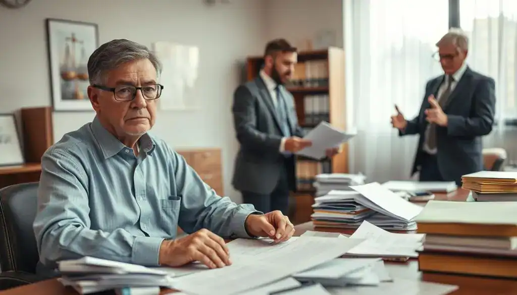 A thoughtfully arranged scene depicting common mistakes made by victims in legal situations. In the foreground, a concerned middle-aged person, wearing professional attire, sits at a desk cluttered with disorganized papers, highlighting errors in documentation. The middle layer showcases a lawyer and an expert consultant engaged in a serious discussion, reviewing the individual's case files. In the background, a softly lit office environment with law books and a large window allows natural light to filter in, creating a calm atmosphere. The overall mood conveys urgency and the need for proper legal guidance, captured with a slightly blurred depth of field to emphasize the subjects. Use soft, warm lighting to evoke a sense of hope and professionalism.